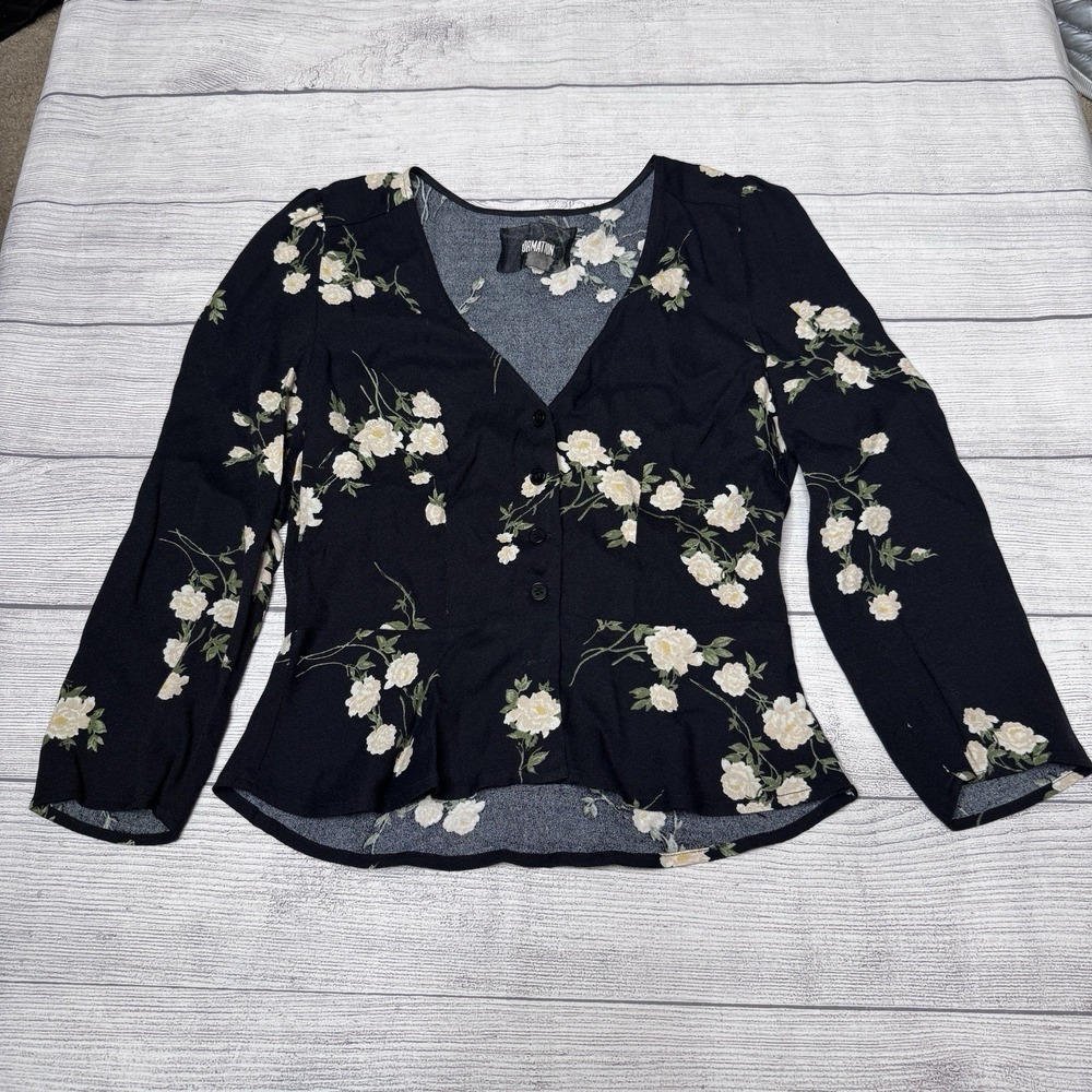 Reformation Sweetie Top Contessa Black Cream Floral Peplum Blouse Size 2 USA